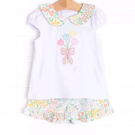 presale GSSO2634   Baby Girls Short Sleeves Flowers Tunic Ruffle Short Set D 5.9