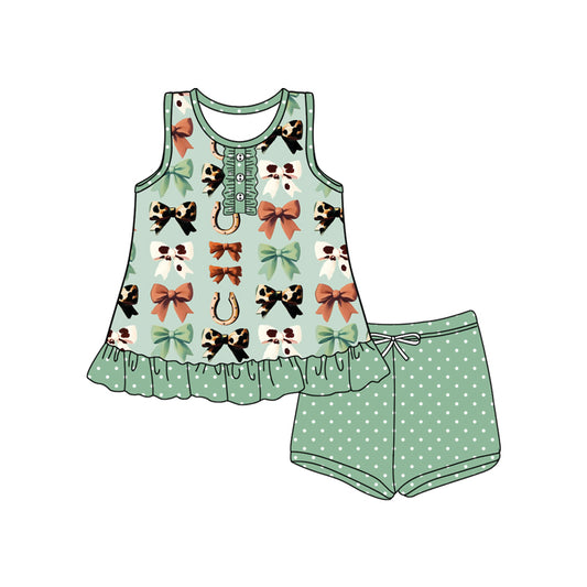 presale GSSO2637 Baby Girls Sleeveless Bows Horse Shoes Button Tunic Polka Dots Short Set D 5.23