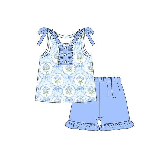 presale GSSO2638  Baby Girls Sleeveless Blue Bows Flowers Button Tunic Ruffle Short Set D 5.23