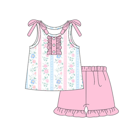 presale GSSO2639  Baby Girls Sleeveless Pink Flowers Stripe Button Tunic Ruffle Short Set  D 5.23