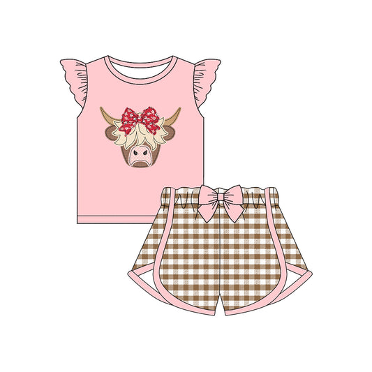 presale GSSO2640 Baby Girls Pink Flutter Sleeves Bow Highland Top Plaid Short Set D 5.23
