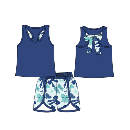 presale GSSO2641  Baby Girls Sleeveless Hot Blue Vest Top Bows Short Set D 5.24