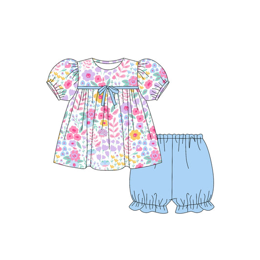 presale GSSO2642 Baby Girls Short Ruffle Sleeves Floral Tunic Blue Short Set D 5.24