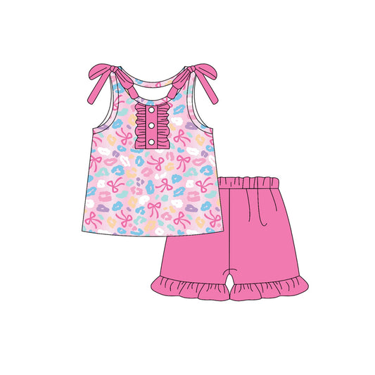 presale GSSO2643 Baby Girls Sleeveless Pink Bows Leopard Button Top Ruffle Short Set D 5.24