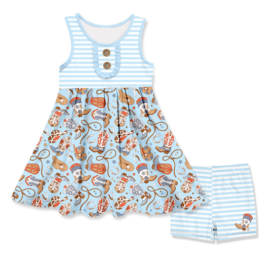 presale GSSO2645 Baby Girls Sleeveless Blue Stripe Button Boots Hats Tunic Short Set D 5.24