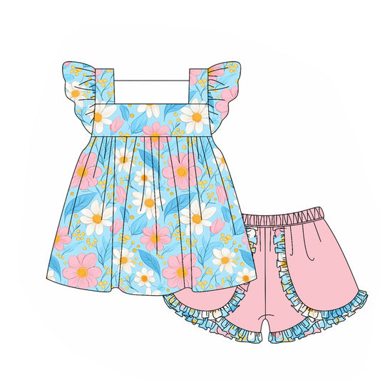 presale GSSO2650 Baby Girls Blue Flutter Sleeves Daisy Flowers Tunic Pink Ruffle Shorts Set  D 5.27