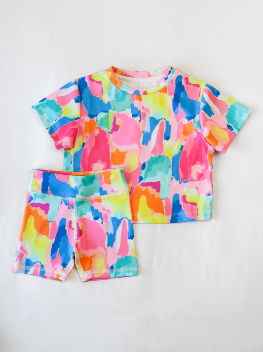 presale GSSO2651  Baby Girls Short Sleeves Watercolor Camo Top Shorts Pajamas Set D 5.27