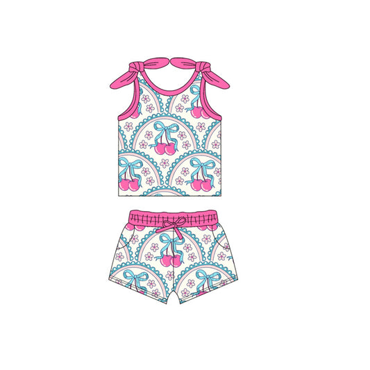 presale GSSO2653 Baby Girls Sleeveless Pink Flowers Bows Cherry Vest Top Pockets Short Sets  D 5.27