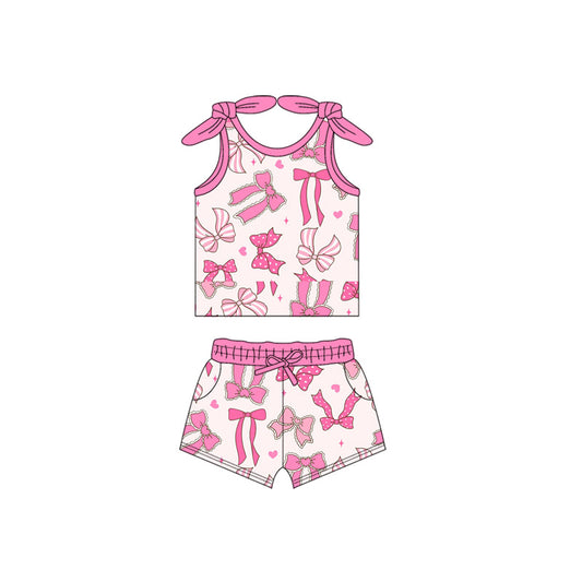 presale GSSO2654 Baby Girls Sleeveless Pink Bows Hearts Vest Top Pockets Short Sets D 5.27