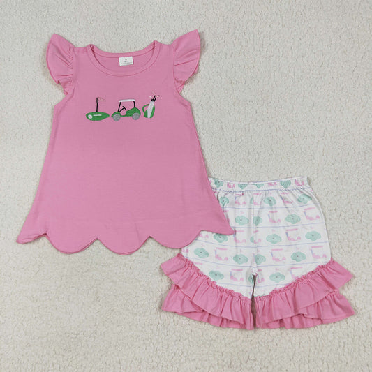 GSSO2660 Embroidery Baby Girls Pink Flutter Sleeves Golf Truck Tunic Ruffle Shorts Sets D 7.5