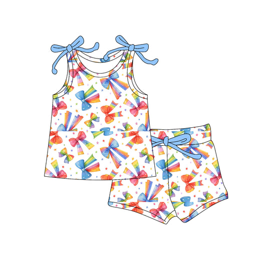presale GSSO2662 Baby Girls Sleeveless Colorful Bows Stars Top Short With Belt Set D 5.30