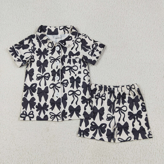 GSSO2663  Baby Girls Short Sleeves Black Bows Button Pocket Top Short Pajamas Set D 6.24