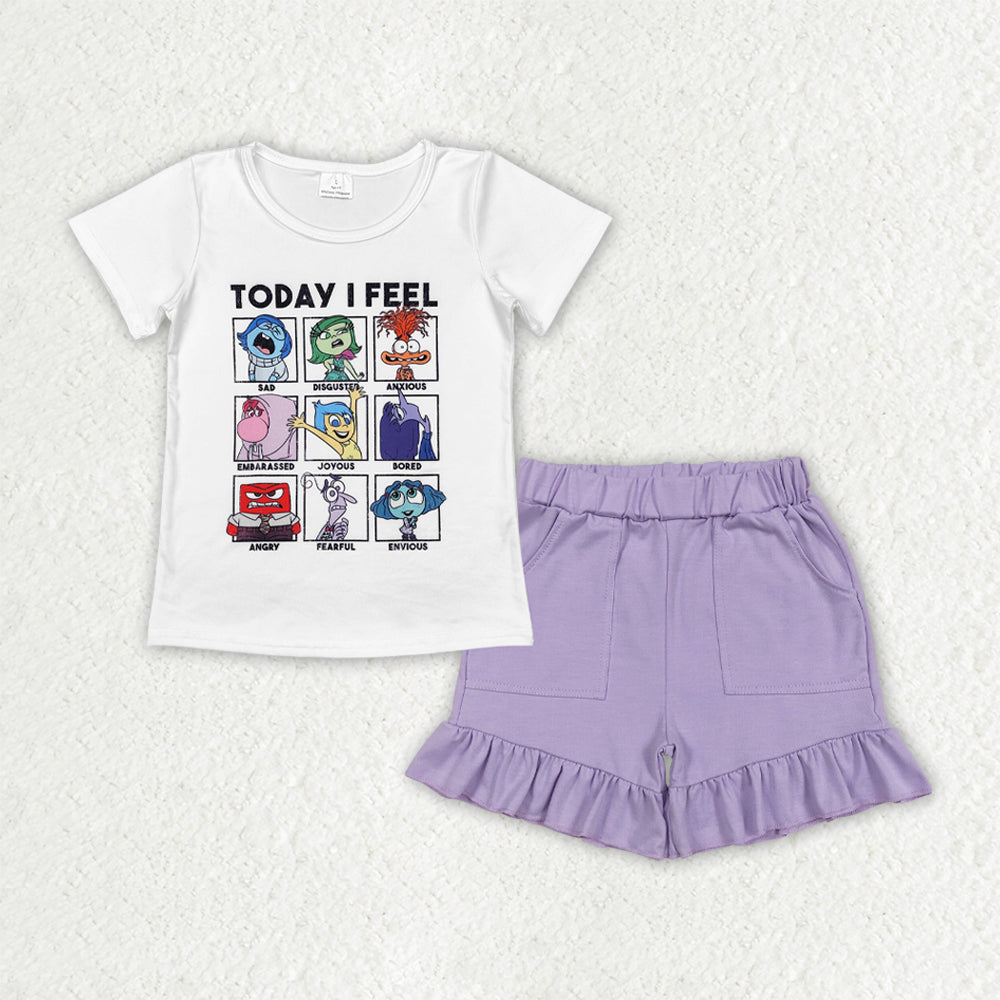 GSSO2665  Baby Girls Today I Feel Cartoon Top Ruffle Pockets Shorts Clothes Sets D 6.3