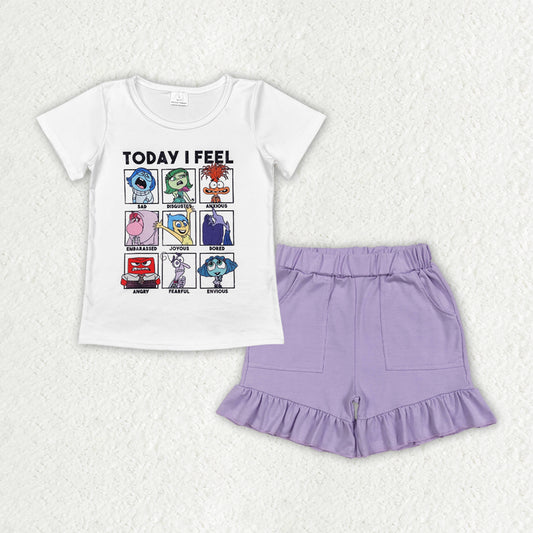 GSSO2665  Baby Girls Today I Feel Cartoon Top Ruffle Pockets Shorts Clothes Sets D 6.3