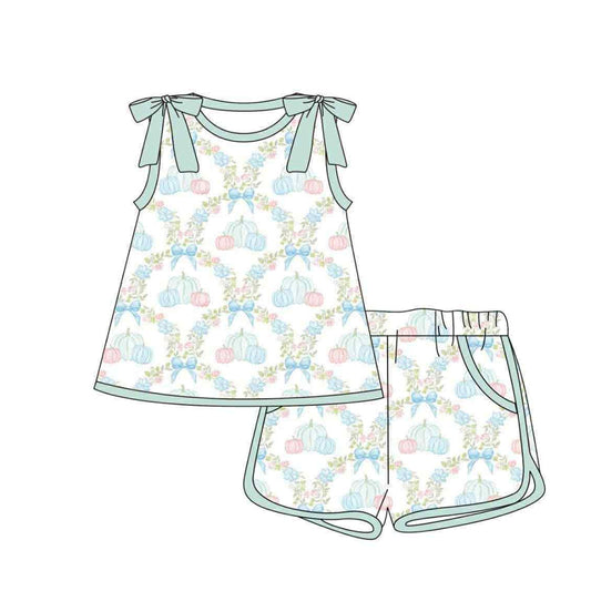 presale GSSO2666 Baby Girls Bows Sleeveless Flower Pumpkins Plaid Tunic Pockets Short Set D 6.3