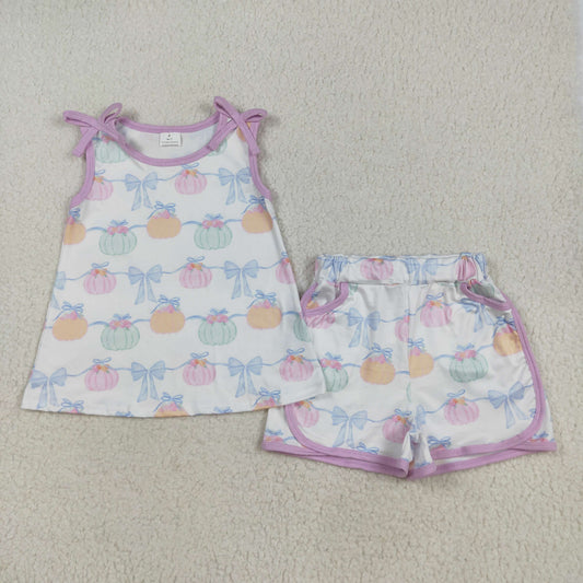 GSSO2668  Baby Girls Bows Sleeveless Pumpkins Stripe Tunic Pockets Short Set