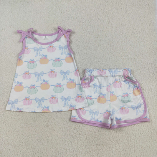 GSSO2668  Baby Girls Bows Sleeveless Pumpkins Stripe Tunic Pockets Short Set  D 7.21