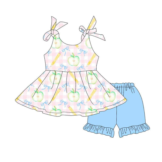 presale GSSO2670  Baby Girls Strap Apple Bows Pencils Plaid Tunic Blue Ruffle Short Set  D 6.3