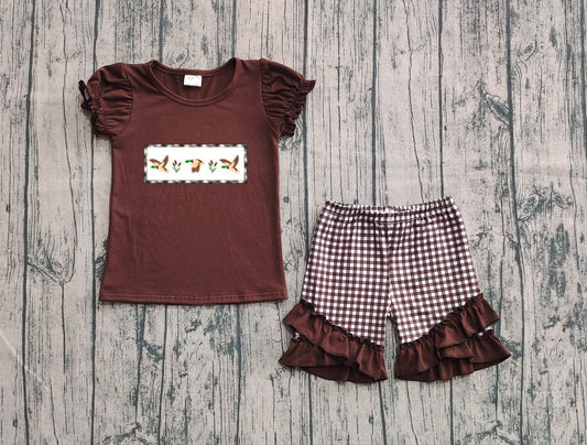 presale GSSO2672  Baby Girls Brown Short Ruffle Sleeves Ducks Top Plaid Short Set  D 6.9