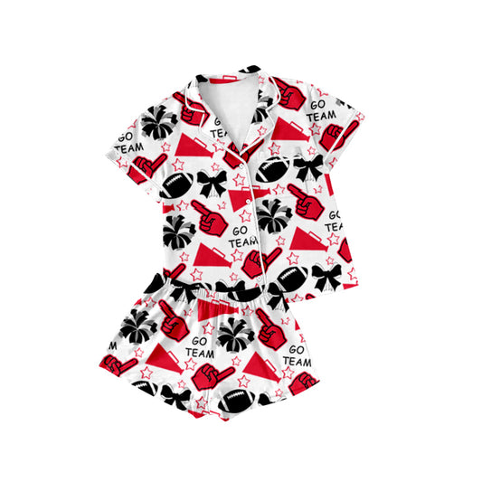 presale GSSO2673 Baby Girls Shot Sleeves Team Red Stars Football Button Top Short Pajamas Set D 6.9