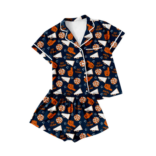 presale GSSO2677 Baby Girls Hot Blue Shot Sleeves Team Cheer Button Top Short Pajamas Set D 6.9