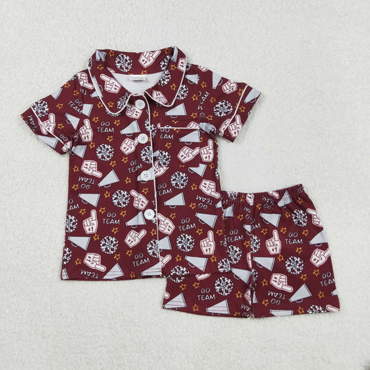 GSSO2678  Baby Girls Dark Red Shot Sleeves Team Cheer Button Top Short Pajamas Set D 8.5