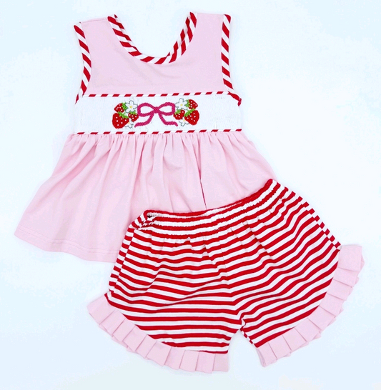 presale GSSO2679 Baby Girls Sleeveless Bow Strawberry Tunic Stripe Ruffle Short Set D 6.10