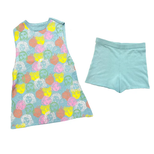 presale GSSO2681 Baby Girls Sleeveless Colorful Girls Smiles Tunic Light Blue Short Set D 6.11
