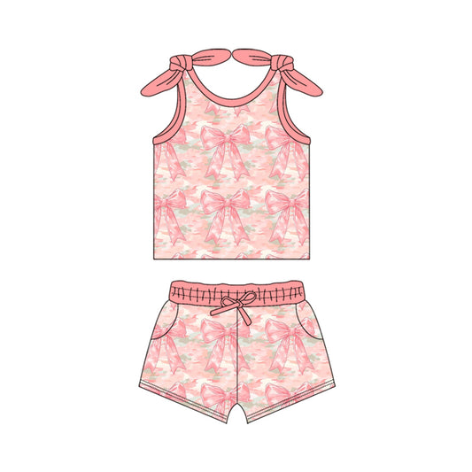 presale GSSO2683 Baby Girls Peach Sleeveless Camo Bows Vest Top Pockets Short Set  D 6.12