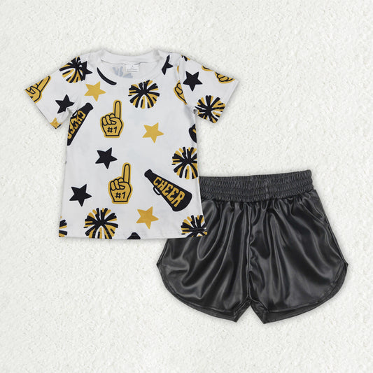 GSSO2685 Baby Girls Cheer Yellow Team Tops Black Leather Shorts Clothes Sets D 6.18