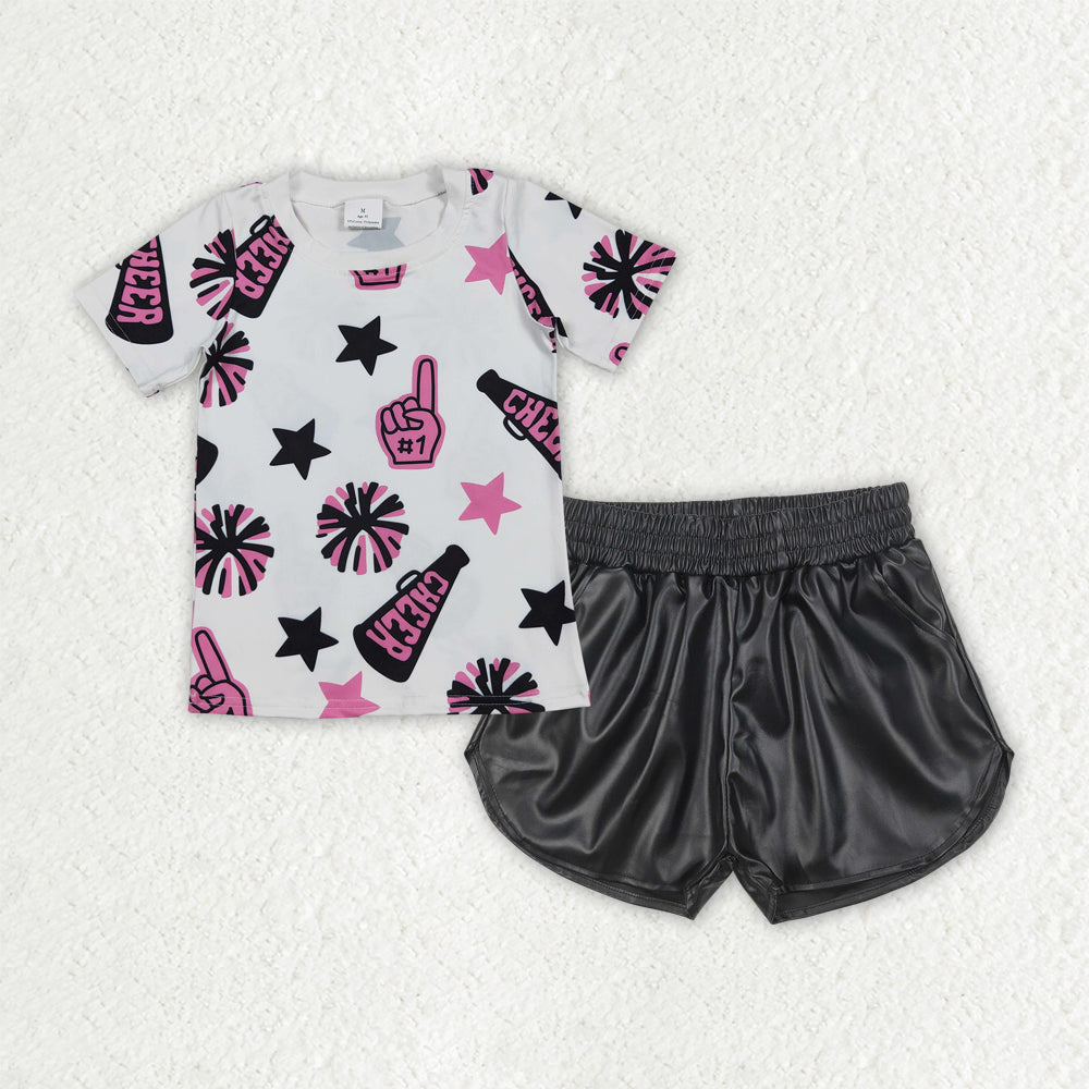 Sibling Baby Girls Cheer Team Shirts Top Leather Shorts Summer Clothes Sets