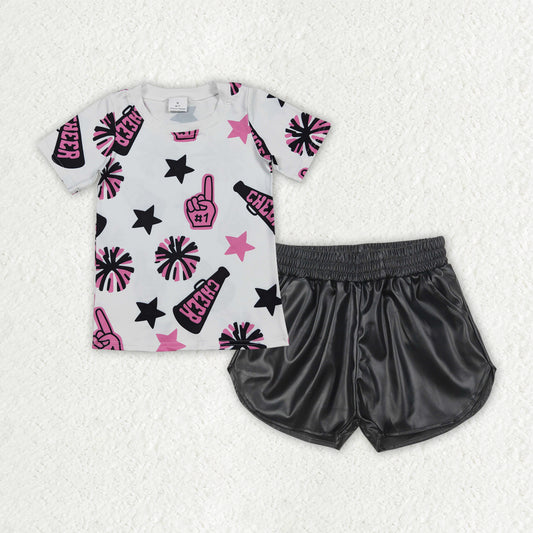 GSSO2686  Baby Girls Cheer Pink Team Tops Black Leather Shorts Clothes Sets D 6.18