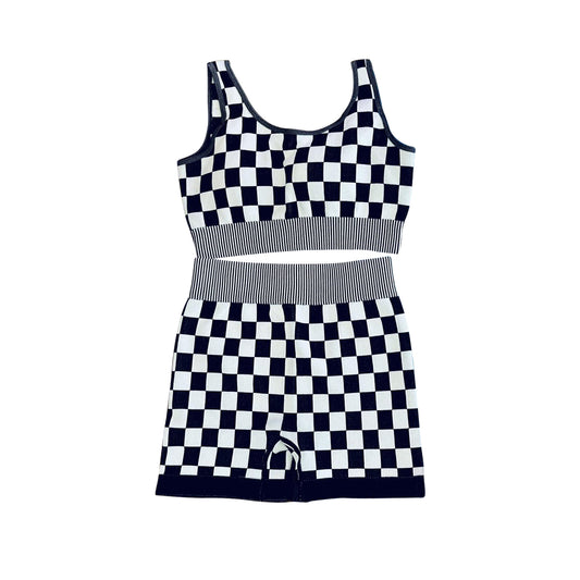 presale GSSO2689  Adult Women Sleeveless Black Plaid Vests Top Short Sets  D 6.23
