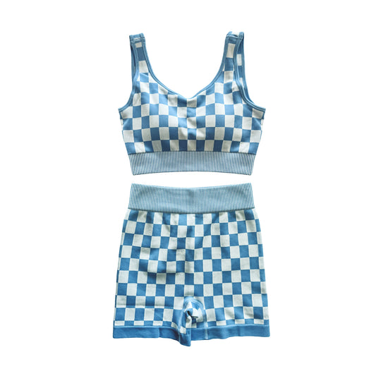 presale GSSO2690 Adult Women Sleeveless Blue Plaid Vests Top Short Sets D 6.23