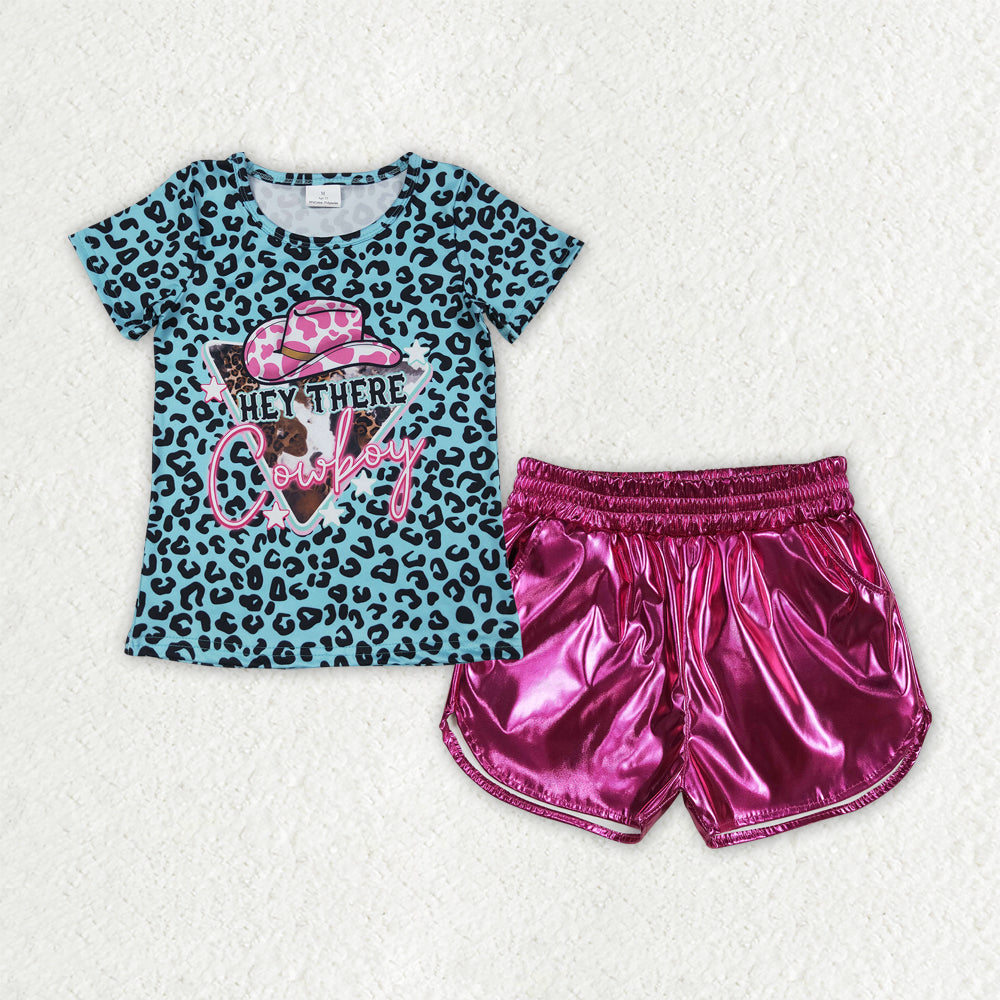 GSSO2692 Baby Girls Blue Leopard Cowboy Tops Hot Pink Leather Shorts Clothes Sets  D 6.25