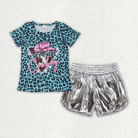 GSSO2693 Baby Girls Blue Leopard Cowboy Tops White Leather Shorts Clothes Sets D 6.25