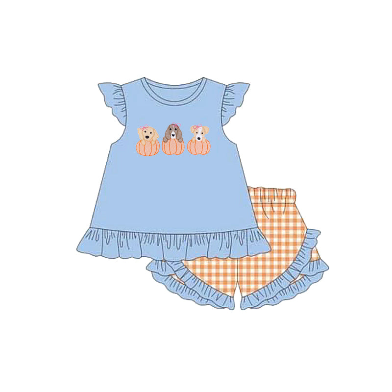 GSSO2700 Baby Girls Blue Flutter Sleeves Dogs Pumpkins Tunic Ruffle Shorts Set   D 8.11