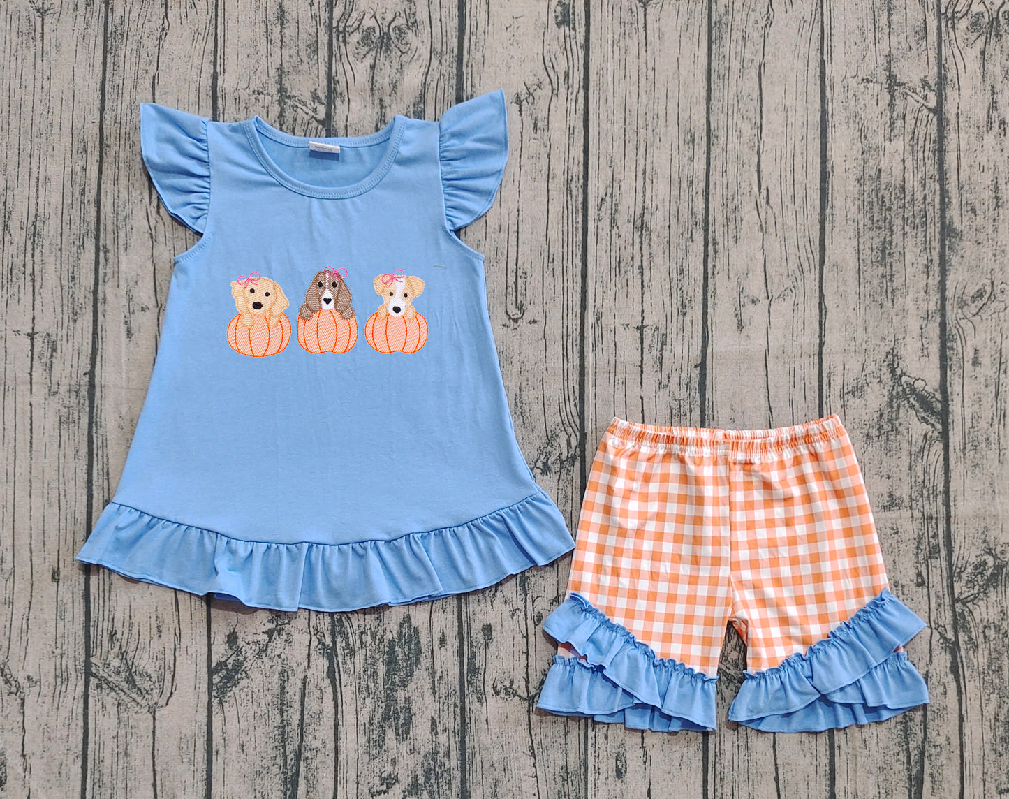 GSSO2700 Baby Girls Blue Flutter Sleeves Dogs Pumpkins Tunic Ruffle Shorts Set   D 8.11