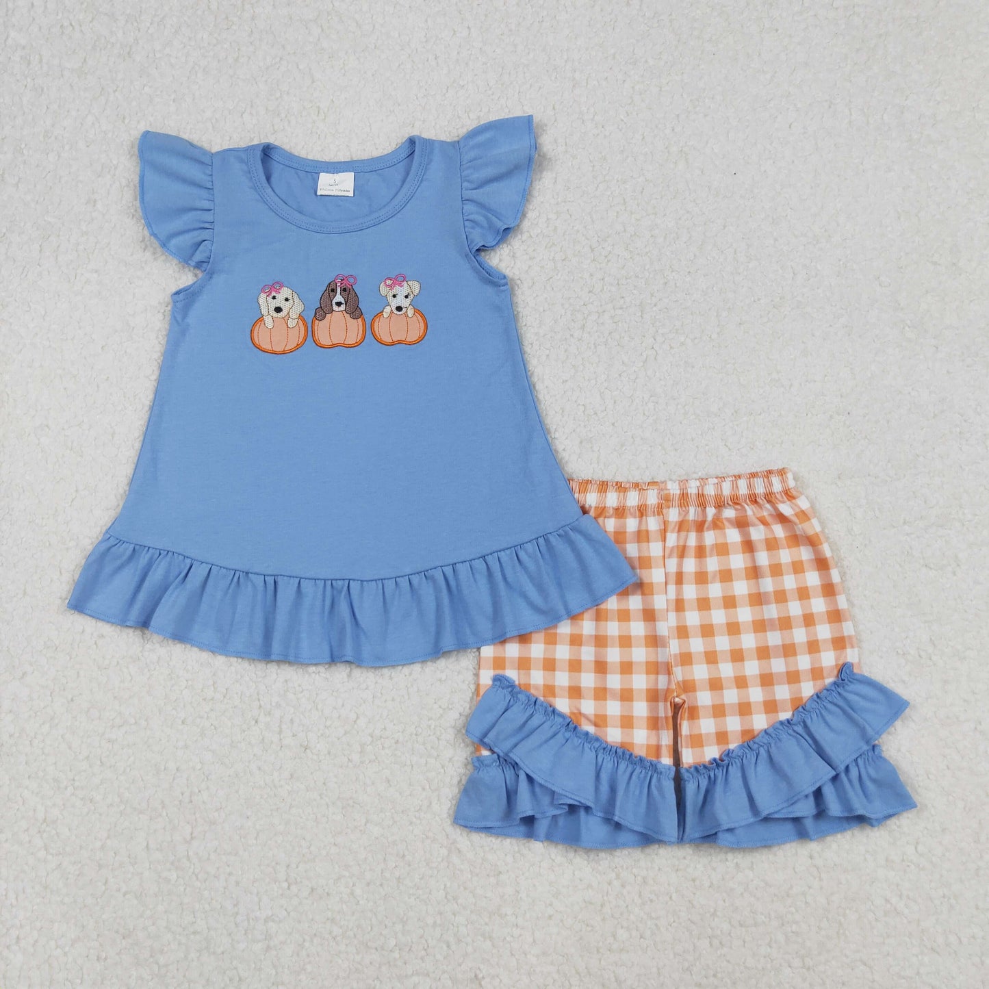 GSSO2700 Baby Girls Blue Flutter Sleeves Dogs Pumpkins Tunic Ruffle Shorts Set   D 8.11