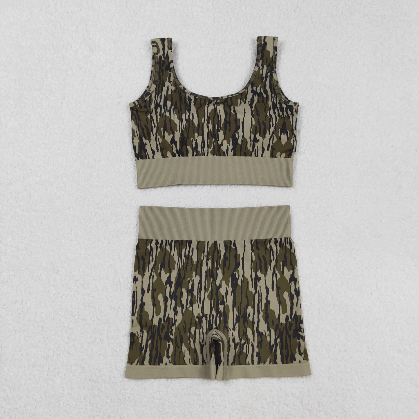 GSSO2701  Adult Women Sleeveless Olive Bottomland Camo Vests Top Sports Short Sets D 904