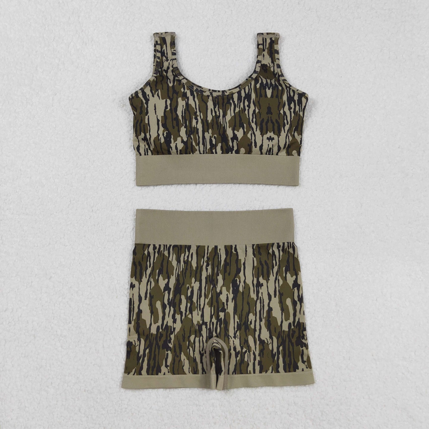 GSSO2701  Adult Women Sleeveless Olive Bottomland Camo Vests Top Sports Short Sets D 904