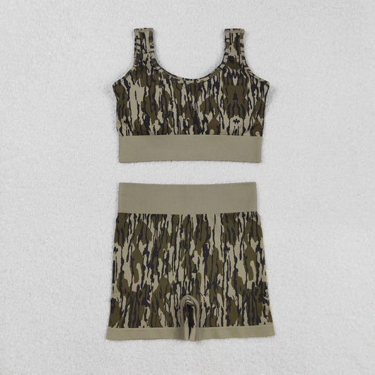 GSSO2701  Adult Women Sleeveless Olive Bottomland Camo Vests Top Sports Short Sets D 904