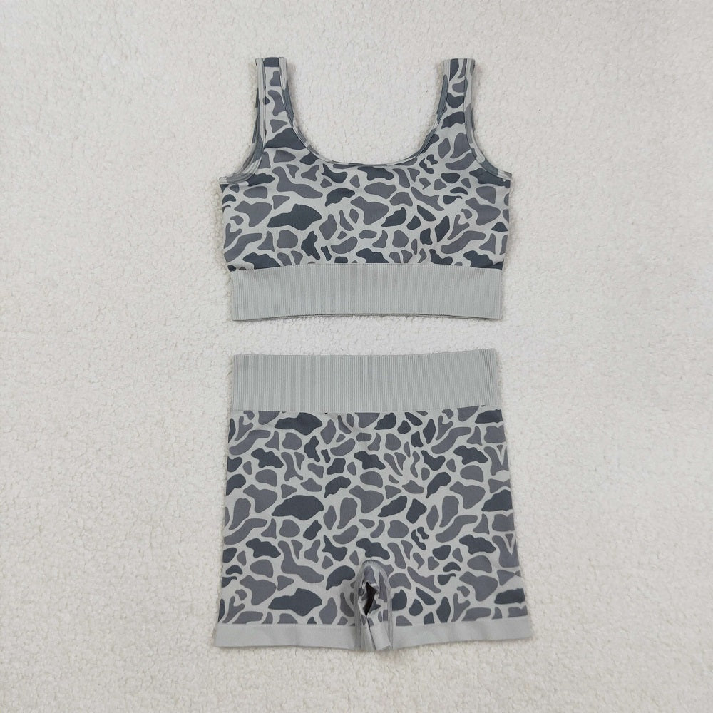 GSSO2702 Adult Women Sleeveless Light Green Camo Vests Top Short Sets  D 906