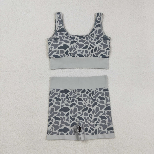 GSSO2702 Adult Women Sleeveless Light Green Camo Vests Top Short Sets  D 906