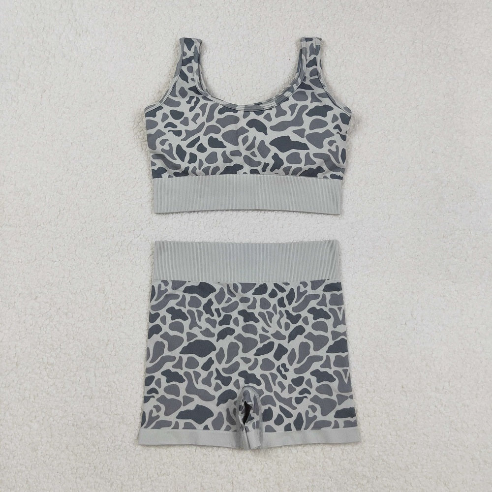 GSSO2702 Adult Women Sleeveless Light Green Camo Vests Top Short Sets  D 906