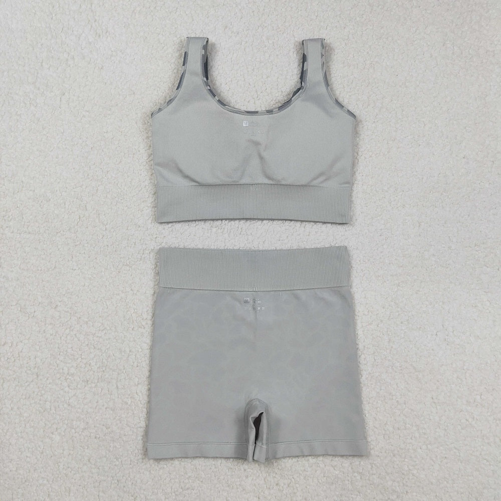 GSSO2702 Adult Women Sleeveless Light Green Camo Vests Top Short Sets  D 906