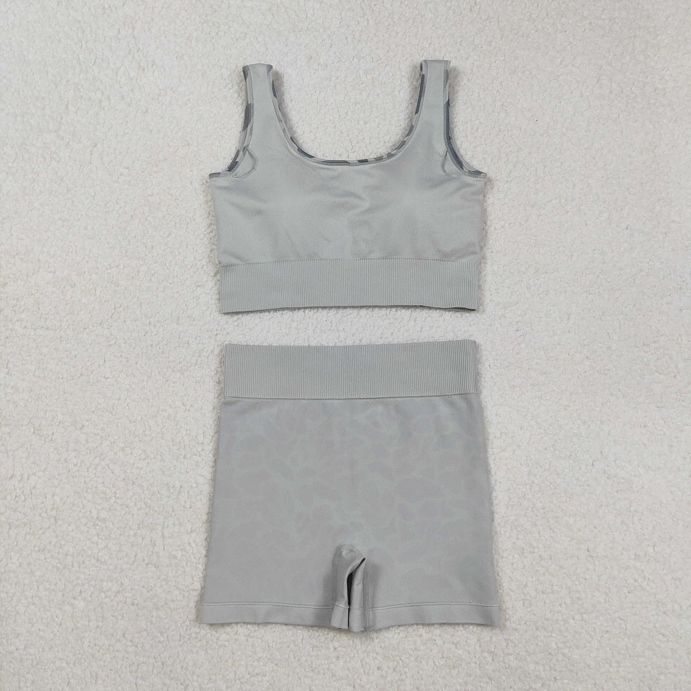GSSO2702 Adult Women Sleeveless Light Green Camo Vests Top Short Sets  D 906