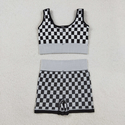 GSSO2703 Adult Women Sleeveless Black Plaid Vests Top Short Sets D 904