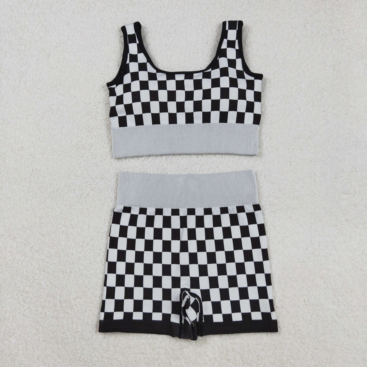 GSSO2703 Adult Women Sleeveless Black Plaid Vests Top Short Sets D 904