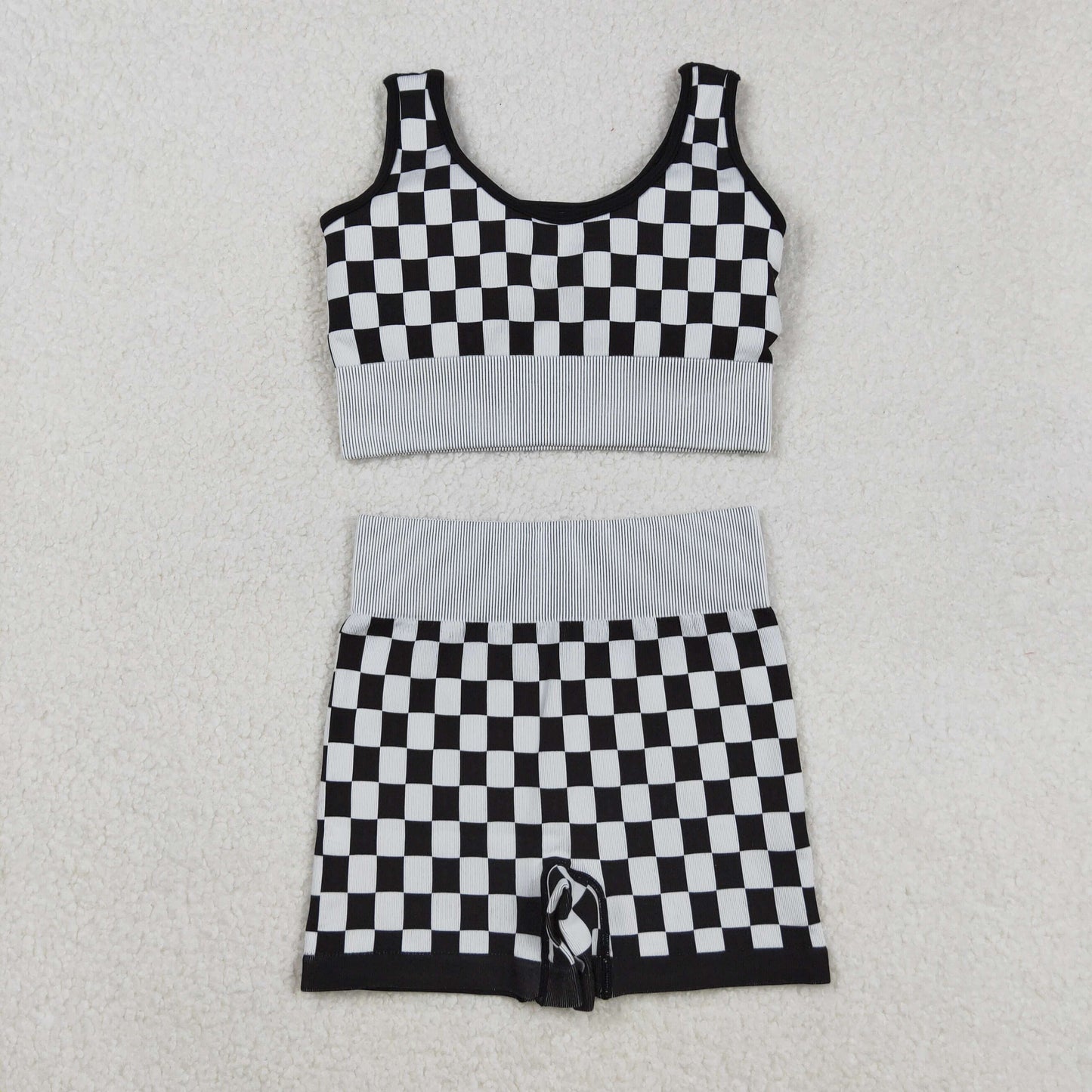 GSSO2703 Adult Women Sleeveless Black Plaid Vests Top Short Sets D 904